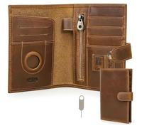 CONTACTS Portafoglio da uomo per passaporto in vera pelle con blocco RFID, con slot AirTag, organizer per carte, pochette sottile per viaggi in famiglia, Marrone cammello-snap