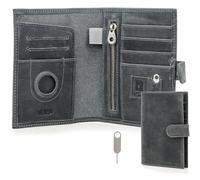 Contacts - Portafoglio da uomo per passaporto in vera pelle con blocco RFID, porta AirTag, scomparto per carte, elegante e sottile, ideale per viaggi di famiglia