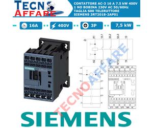 Contattore AC-3P 16A 7,5 kW 400V Bobina 230V Teleruttore Siemens 3RT2018-2AP01