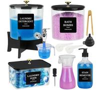 Contenitore Capsule Bucato 7.8L con Coperchio Set 5 Pezzi, Dosatore Liquido Bucato con Rubinetto e Supporto, Scatola Conservante Detersivo con Etichette, Tazza Dosatrice e Cucchiaio