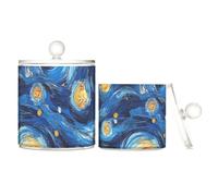 Contenitore in plastica trasparente blu e giallo per pittura a olio con cielo stellato con coperchio, dispensa essenziali, contenitore decorativo per filo interdentale, per tamponi di cotone, tamponi