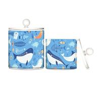 Contenitore in plastica trasparente con coperchio, motivo animali marini, balene marine blu, piccoli contenitori decorativi per tamponi di cotone, bastoncini di cotone, plettri per filo interdentale