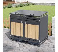 Contenitore per bidoni della spazzatura con coperchio idraulico, armadietto da giardino con rivestimento effetto legno, ventilazione e serratura, resistente alle intemperie (nero + legno 1)