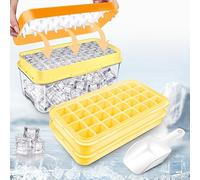 Contenitore per cubetti di ghiaccio con coperchio e contenitore, 64 pezzi cubetti di ghiaccio, basta premere per sciogliere il ghiaccio, 2 ciotole, 1 secchiello per ghiaccio e paletta (giallo)