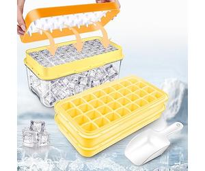 Contenitore per cubetti di ghiaccio con coperchio e contenitore, 64 pezzi cubetti di ghiaccio, basta premere per sciogliere il ghiaccio, 2 ciotole, 1 secchiello per ghiaccio e paletta (giallo)