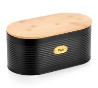 Contenitore per il pane in metallo con base in bambù, nero, 34x18,5x15 cm