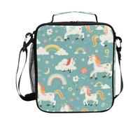 Contenitore per il pranzo con unicorni e fiori verdi in stile cartone animato, per bambini, ragazze, ragazzi, borsa termica per il pranzo, unisex, riutilizzabile, portatile, per viaggi, picnic, scuola