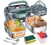 Contenitore per il pranzo elettrico 100 W, 3 in 1, contenitore per il pranzo riscaldato portatile, in acciaio inox, 12 V/24 V/220 V, contenitore termico isolato per auto, camion (NavyGreen, 1,5 L)