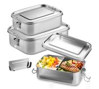 Contenitore per il pranzo in acciaio inox, confezione da 3 pezzi, per il pranzo, a prova di perdite, con scomparti e anello di tenuta, 2400 ml, 1400 ml e 850 ml, in acciaio inox 304, per scuola