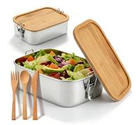 Contenitore per il pranzo in acciaio inox, per adulti e bambini, a prova di perdite, con coperchio in legno, senza BPA, senza plastica, con stoviglie per scuola, lavoro, asilo e gite (1,5 l)
