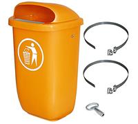 Contenitore per rifiuti da esterno, capacità 50 litri, conforme alla norma DIN 30713, in set completo con fascetta per fissaggio al palo