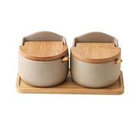 Contenitore per sale con coperchio in ceramica | 2x Portasale in ceramica con coperchio e cucchiaio in legno | Scatola per condimenti, barattolo per condimenti