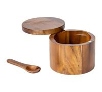 Contenitore per sale in legno con coperchio girevole, contenitore per spezie in acacia con cucchiaio, contenitore rotondo per condimenti, caffè, erbe e altro ancora, organizer da cucina moderno (8,9 x