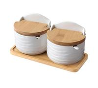 Contenitore per sale in legno, contenitore in ceramica per condimenti con coperchio girevole magnetico, cucchiaio integrato, barattolo rustico per sale e zucchero, contenitore per spezie con coperchio