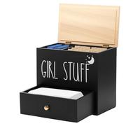 Contenitore per tamponi da bagno, 2 scomparti, per il bagno, antipolvere, per il bagno con coperchio, scatola per salvaslip in legno, articoli per l'igiene, ragazze, donne, donne (nero)