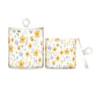 Contenitore per trucchi in plastica trasparente con piccolo fiore fresco giallo con coperchio, dispensa essenziali, contenitore decorativo per cotton fioc, tamponi di cotone, bastoncini di cotone