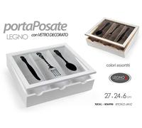 CONTENITORE PORTA POSATE IN LEGNO VETRO DECORATO ORGANIZER CASSETTI ASS 24276