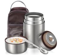 Contenitore Termico per Alimenti Caldi 800ML, Thermos Alimenti Caldi in Acciaio Inox con Sacchetto Isolante e Cucchiaio Pieghevole,Portavivande Termico per Pranzo,All'aperto, Grigio