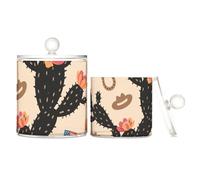 Contenitori in plastica trasparente con coperchio, motivo mucca occidentale, cactus, fiori, nero, beige, trasparente, contenitori decorativi per tamponi di cotone, bastoncini di cotone, filo