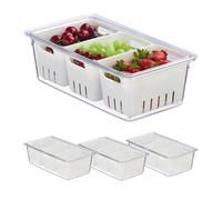 Relaxdays Set di 4 Organizer per Frigorifero Contenitori per Frigo con Coperchio, Set da 4, Impilabili, 3 Cestelli Scola Verdure, Box Alimenti, Trasparente, 10 x 32 x 17,5 cm ca
