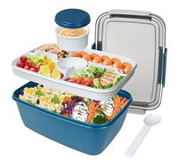Contenitori per insalata, 2000 ml, grandi scatole per insalata per adulti, a prova di perdite, con vassoio a 5 scomparti, coperchio, pentole, posate per lavoro, picnic, cibo, frutta, snack, blu