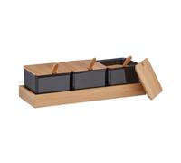 Relaxdays Set da 3 Contenitori per Spezie, Barattoli in Plastica con Coperchio, Cucchiaini e Vassoio in bambù, Nero, Acciaio Inox