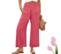 Continentau - Pantaloni a palazzo, da donna, con punto smock in vita, gamba larga, casual, estivi, da spiaggia, con tasche, Rosso rosato, L