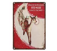Contrence Targa in metallo vintage con scritta "Rudolph The Renne" e luci rosse dal naso rosso The Way, decorazione da parete, per casa, ristorante, bagno, 15 x 20 cm