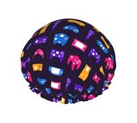Controladores de juego Patrón de instrumentos musicales de neón Gorro de ducha reutilizable para mujer Gorro de baño con forro de PEVA impermeable Gorro de baño con dobladillo elástico de doble capa G