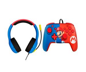Controller cablato PDP Super Mario Bros Pack Rematch Deluxe + cuffie da gioco Mario Airlite LVL40