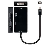 Convertitore Mini DP a VGA/DVI/HDMI 3 in 1 nero, lunghezza 15 cm. Questo versatile adattatore è ideale per collegare il tuo dispositivo Mini DisplayPort a schermi con ingressi VGA, DVI o HDMI.