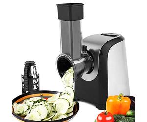 COOCHEER Grattugia elettrica, affettaverdure e frutta elettrica, 150 W, con 4 accessori e tubo di alimentazione grande, per verdure e frutta, senza BPA