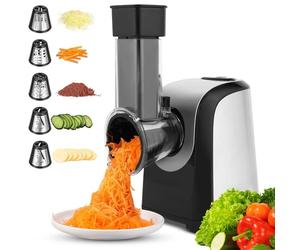 COOCHEER Taglia Verdure Elettrico, Tagliaverdure 150W Professionale Grattugia Tritatutto Affettaverdure Multifunzione con 5 Lame per Verdure/Parmigiano/Frutta