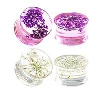 COOEAR 2 Paia di calibri Tappi a Sella Piercing, Tunnel per Orecchie di Carne Svasati Doppi, Orecchini con Logo in Fiore Acrilico Eleganti barelle.