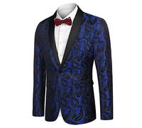 COOFANDY Blazer casual da uomo, giacca in cachemire, abito retrò in jacquard con stampa floreale, smoking con un bottone, cappotti eleganti, giacca elegante per la cena, A Blu, XL