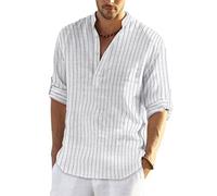 COOFANDY Camicia Casual da Uomo in Lino e Cotone con Collo Henley a Maniche Lunghe Strisce Bianche 3XL