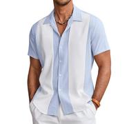 Coofandy Camicia da Bowling Vintage da Uomo a Maniche Corte con Bottoni Estivi Cuba Beach Shirts, Azzurro e Bianco., M