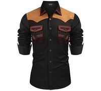 COOFANDY - Camicia da Cowboy Occidentale da Uomo, Ricamata, a Maniche Lunghe, vestibilità Aderente, Casual, in Cotone, con Bottoni e Tasche, Nero, M