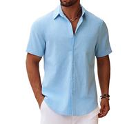 COOFANDY Camicia da Uomo a Maniche Corte Camicia Estiva in Lino Camicie in Cotone con Taschino Camicie a Maniche Corte da Spiaggia Casual Vacanze Blu Cielo 3XL