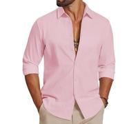 COOFANDY Camicia da Uomo a Maniche Lunghe in Cotone Camicia Casual Estiva Camicia da Spiaggia Leggera per Le Vacanze e i Matrimoni Rosa M