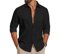 COOFANDY Camicia da Uomo a Maniche Lunghe in Cotone Camicia Casual Estiva Camicia da Spiaggia Leggera per Le Vacanze e i Matrimoni Nero XL