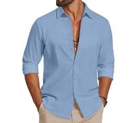 COOFANDY Camicia da Uomo a Maniche Lunghe in Cotone Camicia Casual Estiva Camicia da Spiaggia Leggera per Le Vacanze e i Matrimoni Azzurro L