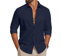 COOFANDY Camicia da Uomo a Maniche Lunghe in Cotone Camicia Casual Estiva Camicia da Spiaggia Leggera per Le Vacanze e i Matrimoni Blu Marino 3XL