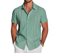 COOFANDY Camicia da uomo cubana Guayabera a maniche corte con bottoni, camicie casual estive da spiaggia in lino, Verde malachite, 5XL