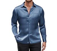 COOFANDY Camicia di lusso da uomo in raso di seta lucida a maniche lunghe con bottoni camicia da sposa per feste di fine anno, Blu scuro e grigio., XX-Large