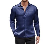 COOFANDY Camicia di lusso da uomo in raso di seta lucida a maniche lunghe con bottoni camicia da sposa per feste di fine anno, Blu navy, XX-Large