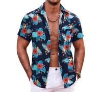 COOFANDY Camicia hawaiana da uomo a maniche corte con bottoni, camicie estive tropicali da spiaggia, camicie casual floreali Aloha, Fiore rosso navy, 3XL