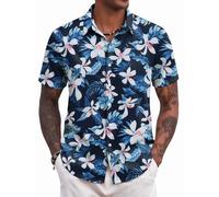 COOFANDY Camicia Hawaiana Uomo Camicia Maniche Corte Estiva Camicie da Spiaggia Casual Camicie Floreale Blu Navy/Giglio L