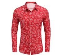 COOFANDY Camicia Natalizia da Uomo, con Motivo Festivo e Stampa di Natale, Ideale per Le Feste, Maniche Lunghe, Button Up, Stile Funky Rosso Scuro L
