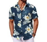 COOFANDY Camicia Uomo a Maniche Corte Camicia Hawaiana Estiva Tropicale Leggere Camicie Floreale con Bottoni Camicie da Spiaggia Fiori Bianchi Blu XXL